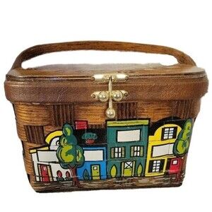 Vtg CARO NAN Happy Purse w UNMARKED Storefronts Handbag Basket Weave Wood OOAK